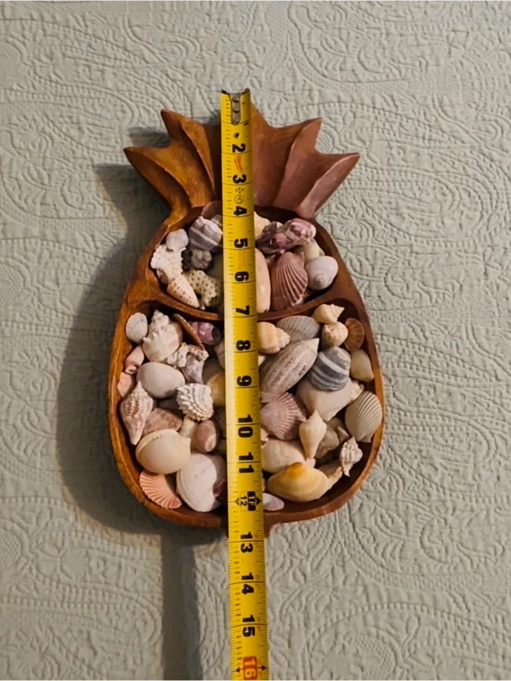 Hand carved wood pineapple tray, with local FL shells.